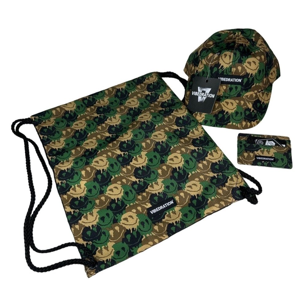 Vibedration Smily Camo Set Adjustable Unisex Baseball Cap, Card Holder, Drawstri